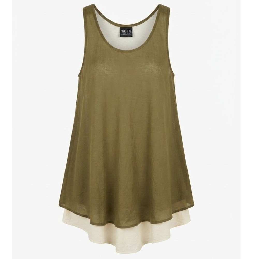 Thaluta Olive Green Layered Cotton Boho Sleeveless Dress Small Asymmetric Hem
